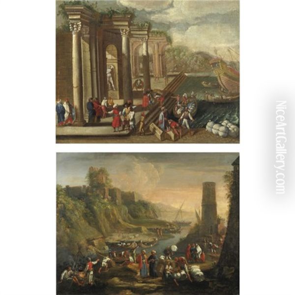 Veduta Di Un Porto Con Capriccio Architettonico, Figure E Imbarcazioni (+ Veduta Costiera Con Figure E Una Torre Sulla Destra; Pair) - view 1