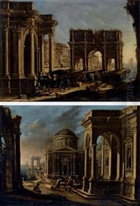 Capriccio Architettonico Con Arco Di Trionfo E Figure In Carrozza (+ Architettonico Con Porticciolo Sullo Sfondo; 2 Works) by Alessandro Salucci