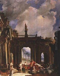 Der Von Einem Geflugeltem Drachen Gezogene Wagen Der Medea Vor Architektur (+ Grosse Architekturszene Mit Personenstaffage Und Linksseitigem Merkurstandbild; Pair)