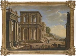 An Architectural Capriccio With An Ionic Portico, A Fountain, A Two Story Loggia, A Gothic Palace And Figures On A Quay (collab. W/jan Miel) by Alessandro Salucci