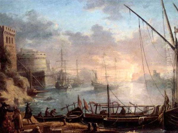 Mediterranean Capriccio Harbour Scene With Merchants On The Quay, And The Castel Sant' Angelo Beyond - view 1