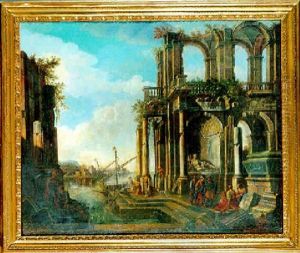 Ruines Antiques Animees De Nombreux Personnages Pres Du Rivage