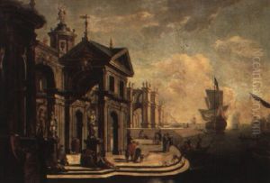 Mediterranean Harbour Scene With Elegant Figures Promenading