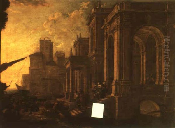 Figures By A Classical Building In An Imaginary Mediterranean Harbor - view 1