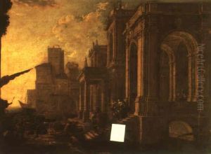 Figures By A Classical Building In An Imaginary Mediterranean Harbor by Alessandro Salucci