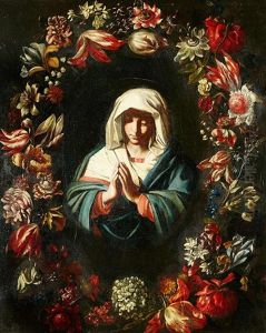 Virgen Orante Con El Nino En Una Orla De Flores