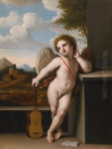 An Angel Holding A Guitar by Giovanni Battiata Salvi, Il Sassoferrato
