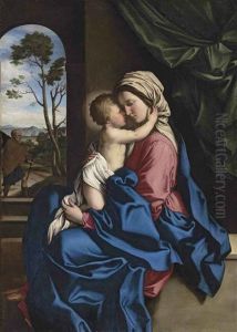 The Madonna And Child Embracing In An Interior, A Landscape With Saint Joseph Beyond
