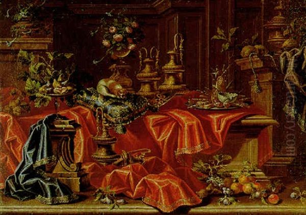 Still Life Of Numerous Gilt Ewers, Various Fruits, A Spaniel Resting On A Gold-embroidered Cushion, And Other Objects, All Arranged Within An Interior - view 1
