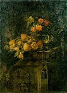 Fruit On A Plate, Flowers In A Glass Vase And A Clock On A Draped Pedestal