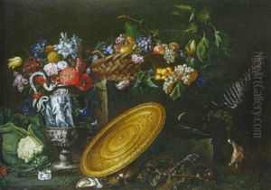 Nature Morte Au Plat D'orfevrerie, Faisan, Panier De Fruits Et Bouquets De Fleurs