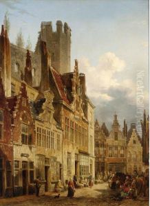 A Busy Market Scene In The Streets Of Gand by Francois-Jean-Louis Boulanger