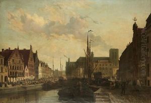 The Leie In Gent, With A Busy Quayside by Francois-Jean-Louis Boulanger