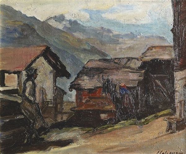 Walliser Dorf Mit Bauerin Und Pferd - view 1