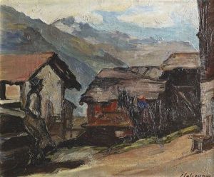 Walliser Dorf Mit Bauerin Und Pferd by Louis Henri Salzmann