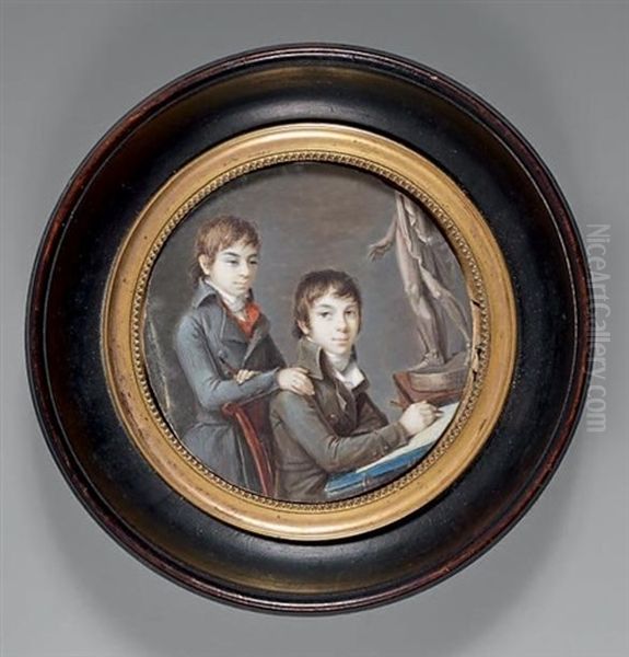 Deux Jeunes Garcons Dessinant - view 1