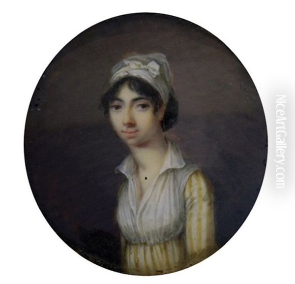 Portrait De Jeune Femme En Robe Rayee Jaune Et Blanc, Sa Gorge Recouverte D'un Fichu - view 1