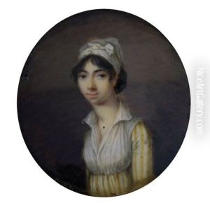 Portrait De Jeune Femme En Robe Rayee Jaune Et Blanc, Sa Gorge Recouverte D'un Fichu