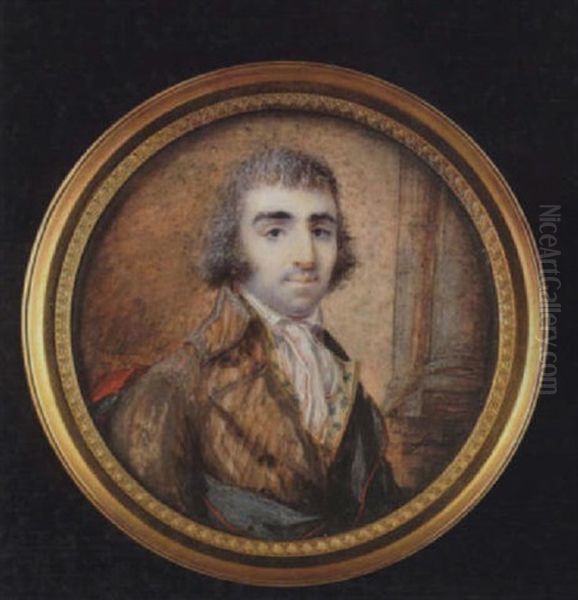 A Gentleman With Powdered Hair, Wearing Brown Coat, Green Figured Yellow Waistcoat, White Cravat And Grey-blue Sash - view 1