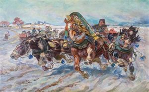 Wilde Troikafahrt In Winterlicher Landschaft by Nikolai Semenovich Samokish