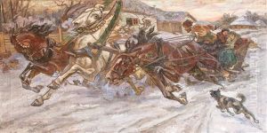 Wilde Troikafahrt In Winterlicher Landschaft by Nikolai Semenovich Samokish