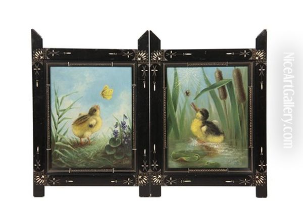 Pair Of Genre Paintings: Duckling With Spider And Chick With Butterfly - view 1