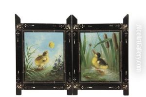 Pair Of Genre Paintings: Duckling With Spider And Chick With Butterfly