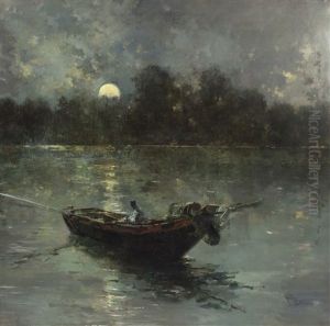 Lago Trasimeno/fishermen On A Boat In Moonlight by Salvador Sanchez Barbudo