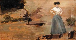 A Lady Standing Near A Stream A Lady Standing Near A Stream