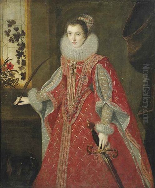 Portrait Of An Infanta As Saint Catherine Of Alexandria, Three-quarter-length, In A Gold Embroidered Red Dress, Standing In An Interior By A Window - view 1