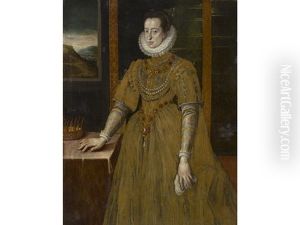 A Portrait Of A Noblewoman, Three-quarter Length, Standing, Her Hand Resting On A Table by Alonso Sanchez Coello