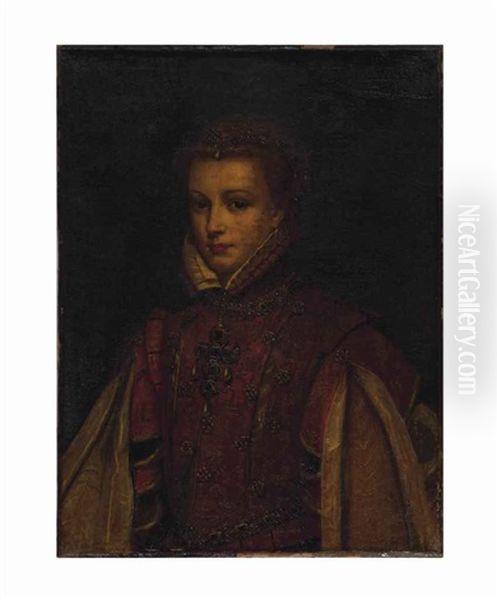 Portrait Of Elizabeth De Valois, Half-length, Wearing A Red Dress - view 1