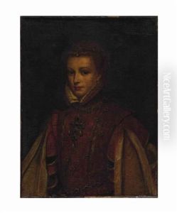 Portrait Of Elizabeth De Valois, Half-length, Wearing A Red Dress by Alonso Sanchez Coello