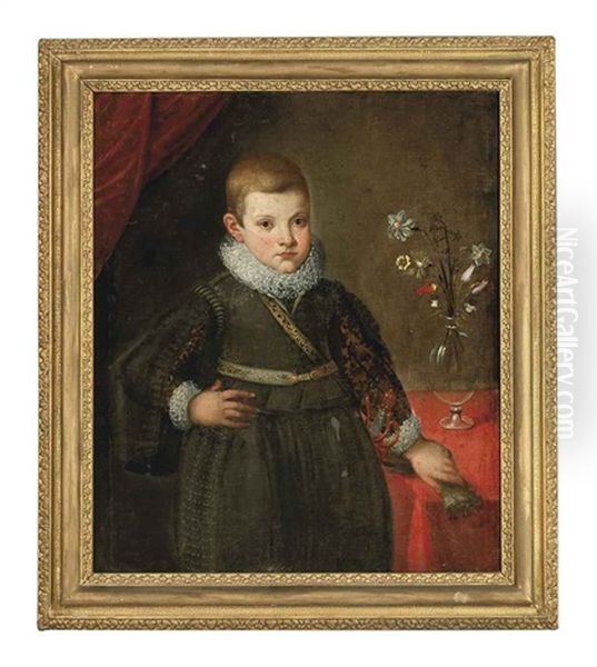 Portrait Of A Young Boy, Three-quarter-length, In A Green Jerkin And Hose, His Left Hand Resting On A Draped Table - view 1