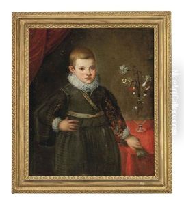 Portrait Of A Young Boy, Three-quarter-length, In A Green Jerkin And Hose, His Left Hand Resting On A Draped Table
