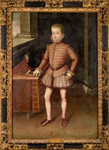 Retrato Del Infante D. Carlos, Promogenito De Felipe Ii Apoyado En Un Bufete Cubierto Con Terciopelo Carmesi by Alonso Sanchez Coello