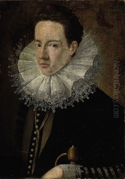 Portrait Of A Gentleman In A Black Jacket With A Lace Ruff, His Right Hand Resting On The Hilt Of A Sword - view 1