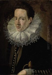 Portrait Of A Gentleman In A Black Jacket With A Lace Ruff, His Right Hand Resting On The Hilt Of A Sword