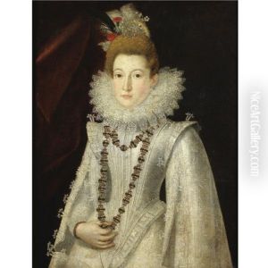 Portrait Of A Lady Wearing A White Richly Embroidered Dress And Holding A Necklace