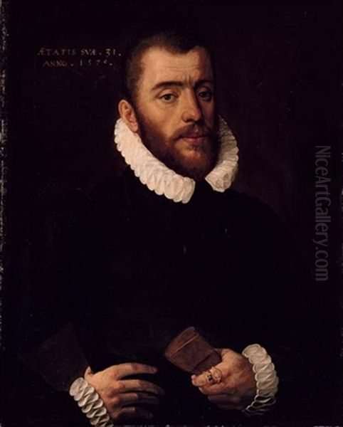 Portrait Of A Gentleman In A Black Coat Holding Gloves - view 1
