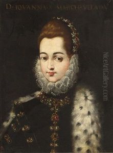 A Portrait Of A Noble Lady Wearing A Dress Decorated With Gold And Gemstones, A White Lace Collar And An Ermin-lined Coat by Alonso Sanchez Coello