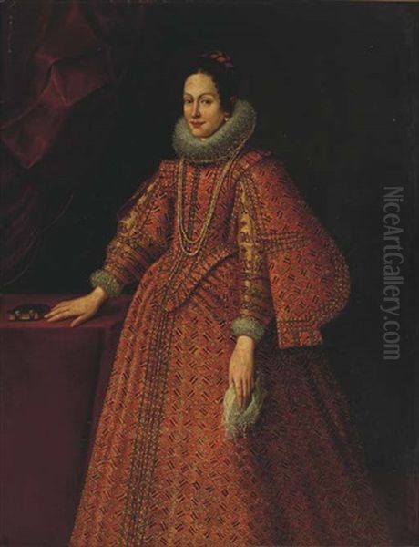 Portrait Of A Lady In A Red Embroidered Dress Standing By A Desk - view 1
