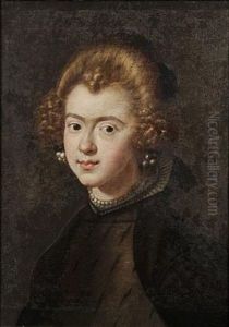 Portrait Of A Lady In A Grey Slashed Dress And A Black Wrap, With A Lace Collar And Pearl Choker And Earrings