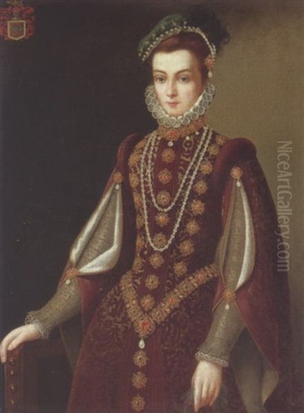 Portrait Of A Lady Wearing A Burgundy Dress - view 1