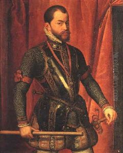 Portrait Of Philip Ii Of Spain, Standing Three-quarter Length Before A Red Velvet Curtain, Wearing An Ornate Breast Plate And The Order Of The Golden Fleece, And Holding Baton In His Left Hand by Alonso Sanchez Coello