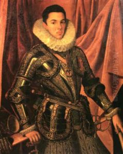 A Portrait Of A Nobleman, Three Quarter Length Wearing Dress Armour With Elaborate Ornamentation In Gold And The by Alonso Sanchez Coello