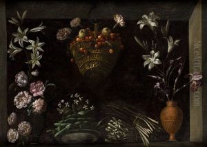 Bodegon Con Flores, Hortalizas Y Un Cesto De Cerezas by Juan (Fray) Sanchez y Cotan