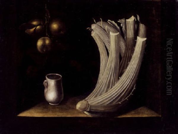 Still Life With A Cardoon, A Pewter Drinking Cup And Hanging Apples - view 1