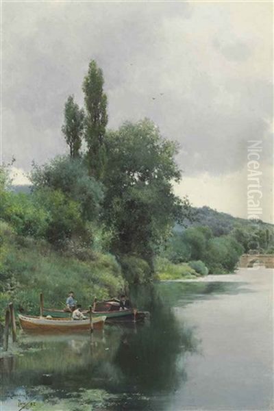 Three Men Fishing On A River - view 1