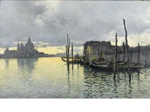 Evening, Looking Towards The Grand Canal With Santa Maria Della Salute In The Distance by Emilio Sanchez-Perrier